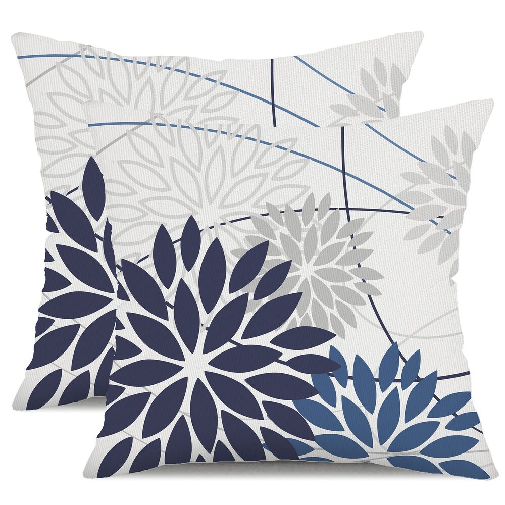 7588 Blue Flower Pillow Covers 18x18 Inch Set of 2 Dark and Light Blue